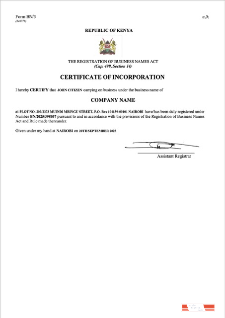 Kenya certificate of incorporation Word and PDF template, version 2